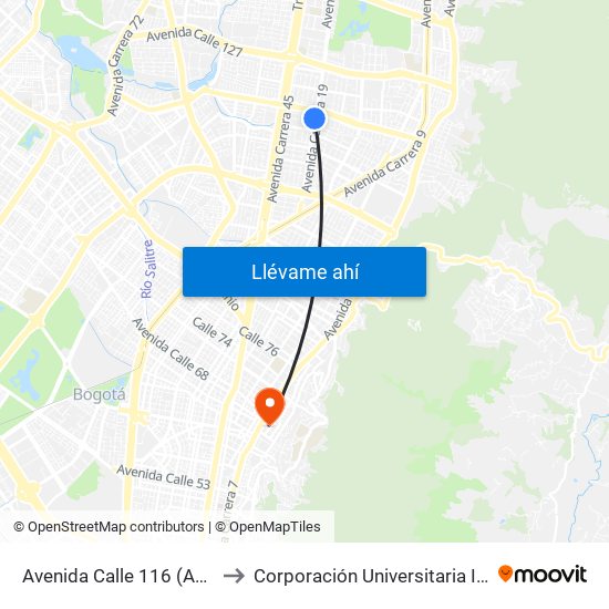 Avenida Calle 116 (Ak 19 - Cl 114) to Corporación Universitaria Iberoamericana map