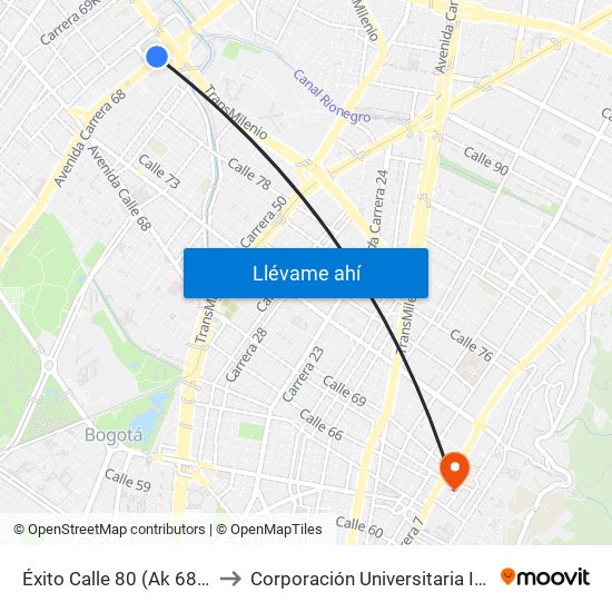 Éxito Calle 80 (Ak 68 - Ac 80) (A) to Corporación Universitaria Iberoamericana map