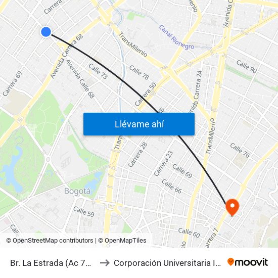 Br. La Estrada (Ac 72 - Kr 69) (A) to Corporación Universitaria Iberoamericana map