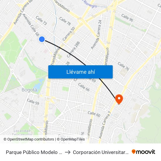 Parque Público Modelo (Ac 68 - Kr 57) (A) to Corporación Universitaria Iberoamericana map