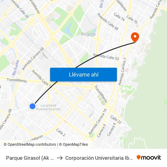 Parque Girasol (Ak 50 - Cl 2c) to Corporación Universitaria Iberoamericana map