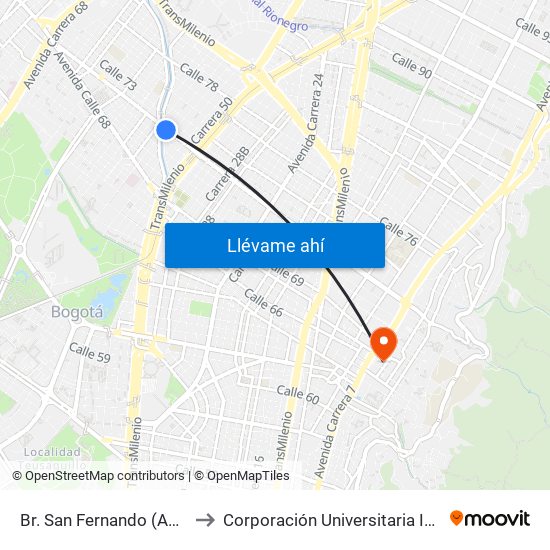 Br. San Fernando (Ac 72 - Kr 53) to Corporación Universitaria Iberoamericana map