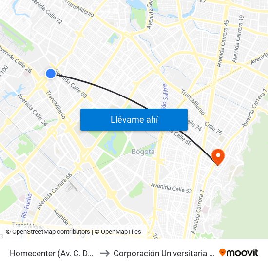 Homecenter (Av. C. De Cali - Cl 52a) to Corporación Universitaria Iberoamericana map