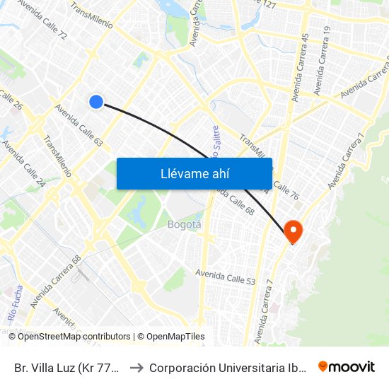 Br. Villa Luz (Kr 77a - Cl 65a) to Corporación Universitaria Iberoamericana map