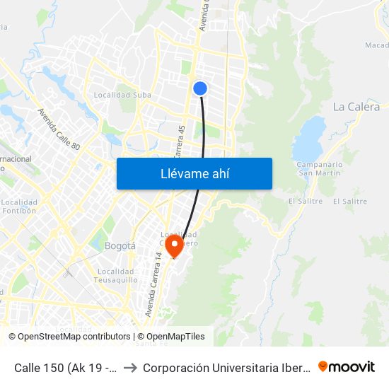 Calle 150 (Ak 19 - Cl 150) to Corporación Universitaria Iberoamericana map