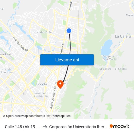 Calle 148 (Ak 19 - Cl 148) to Corporación Universitaria Iberoamericana map