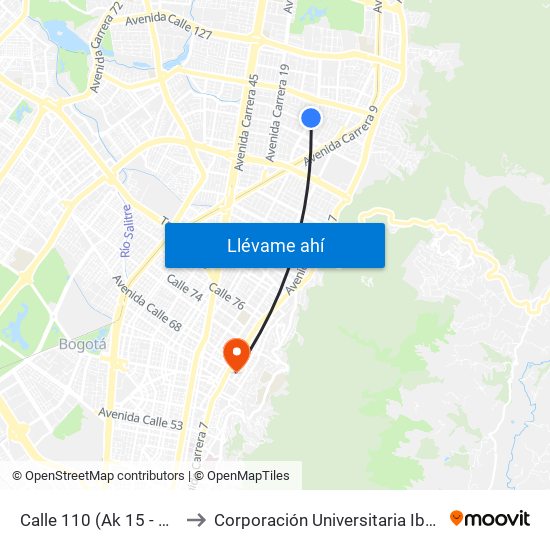 Calle 110 (Ak 15 - Cl 110) (A) to Corporación Universitaria Iberoamericana map