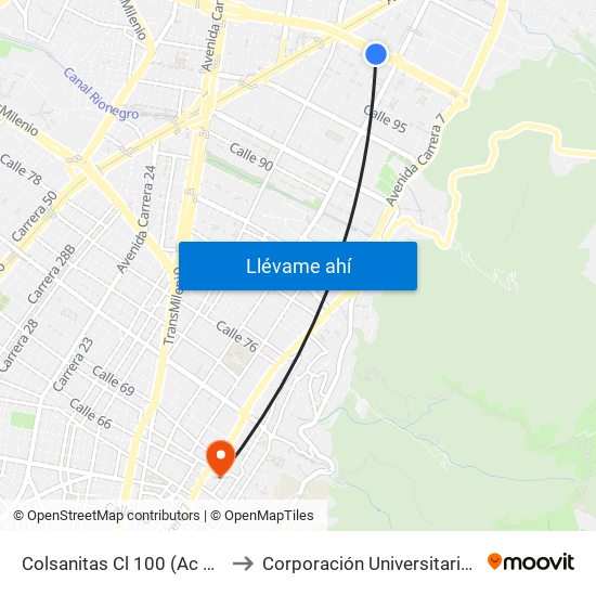 Colsanitas Cl 100 (Ac 100 - Kr 11b) (A) to Corporación Universitaria Iberoamericana map