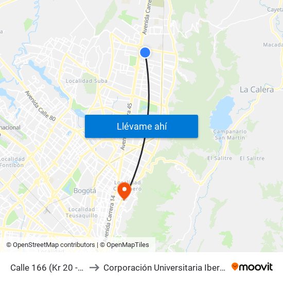 Calle 166 (Kr 20 - Cl 166) to Corporación Universitaria Iberoamericana map