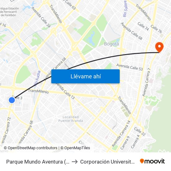 Parque Mundo Aventura (Av. Boyacá - Cl 2) (A) to Corporación Universitaria Iberoamericana map