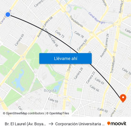 Br. El Laurel (Av. Boyacá - Cl 67) (A) to Corporación Universitaria Iberoamericana map
