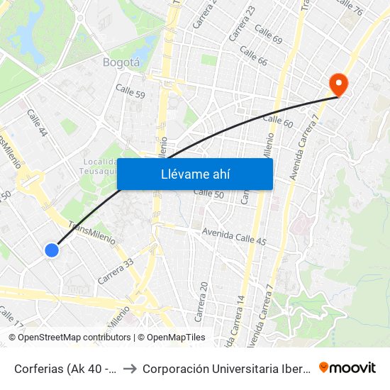 Corferias (Ak 40 - Cl 24a) to Corporación Universitaria Iberoamericana map