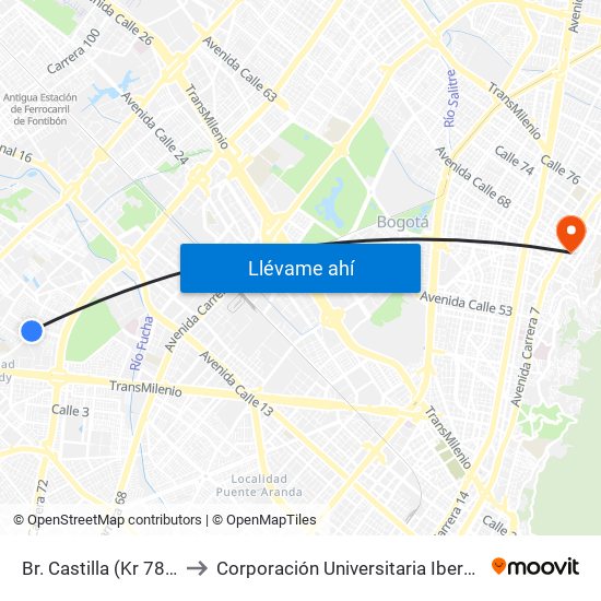 Br. Castilla (Kr 78 - Cl 7f) to Corporación Universitaria Iberoamericana map