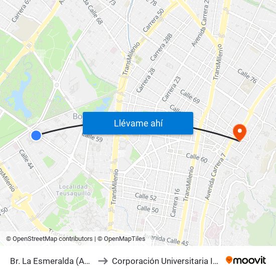 Br. La Esmeralda (Ac 53 - Kr 59) to Corporación Universitaria Iberoamericana map