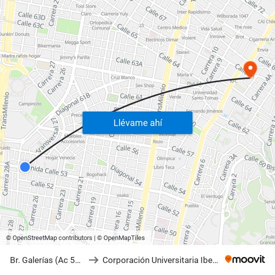 Br. Galerías (Ac 53 - Kr 28) to Corporación Universitaria Iberoamericana map