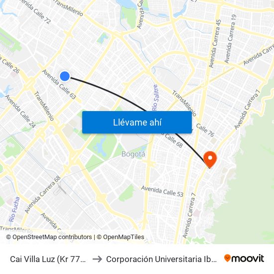 Cai Villa Luz (Kr 77a - Cl 64b) to Corporación Universitaria Iberoamericana map