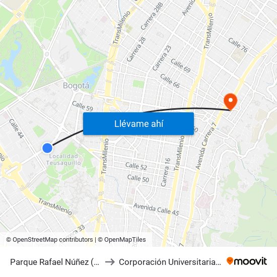 Parque Rafael Núñez (Ak 50 - Cl 44c) to Corporación Universitaria Iberoamericana map