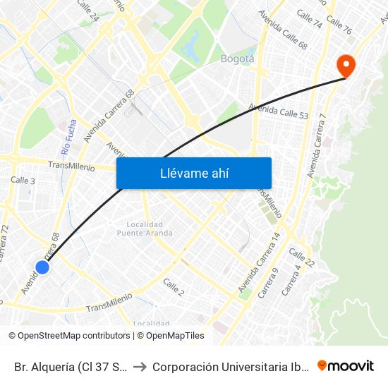 Br. Alquería (Cl 37 Sur - Kr 53) to Corporación Universitaria Iberoamericana map