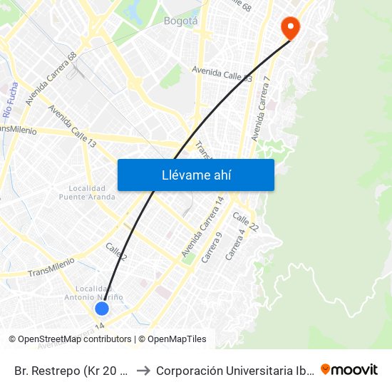 Br. Restrepo (Kr 20 - Cl 18 Sur) to Corporación Universitaria Iberoamericana map