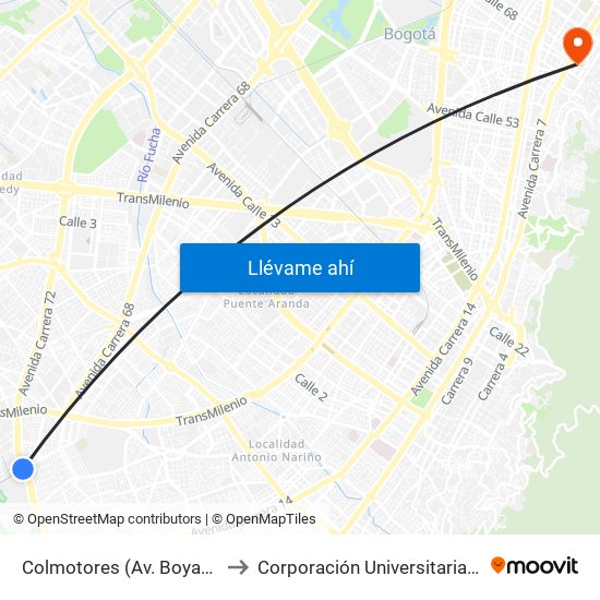 Colmotores (Av. Boyacá - Kr 36a) (A) to Corporación Universitaria Iberoamericana map
