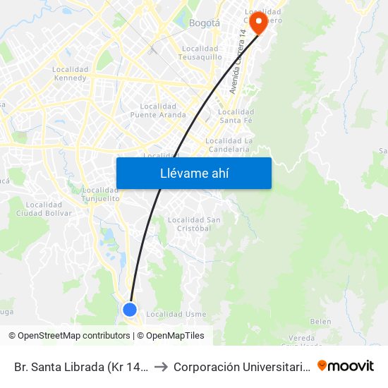 Br. Santa Librada (Kr 14l - Cl 73b Sur) (A) to Corporación Universitaria Iberoamericana map