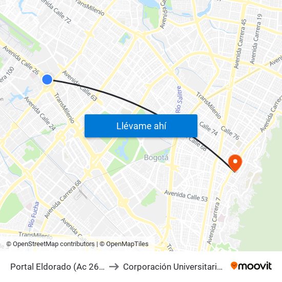 Portal Eldorado (Ac 26 - Av. C. De Cali) to Corporación Universitaria Iberoamericana map