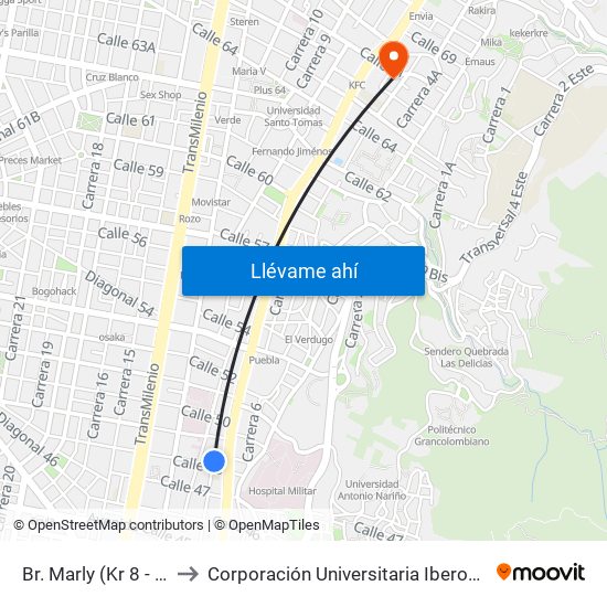 Br. Marly (Kr 8 - Cl 48) to Corporación Universitaria Iberoamericana map