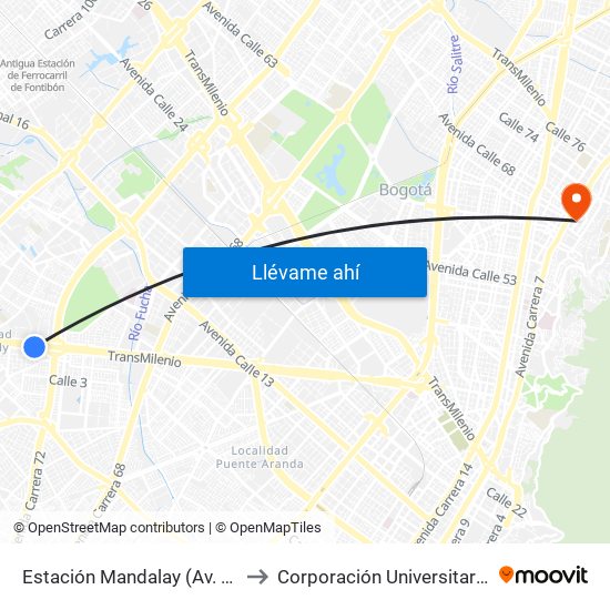Estación Mandalay (Av. Américas - Kr 73c) to Corporación Universitaria Iberoamericana map