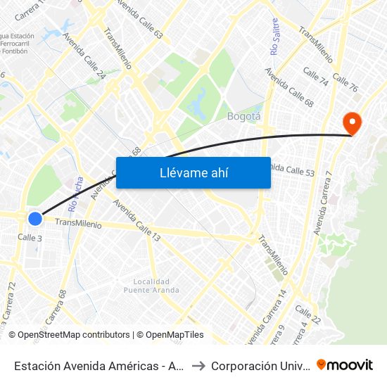 Estación Avenida Américas - Avenida Boyacá (Av. Américas - Kr 71b) (A) to Corporación Universitaria Iberoamericana map