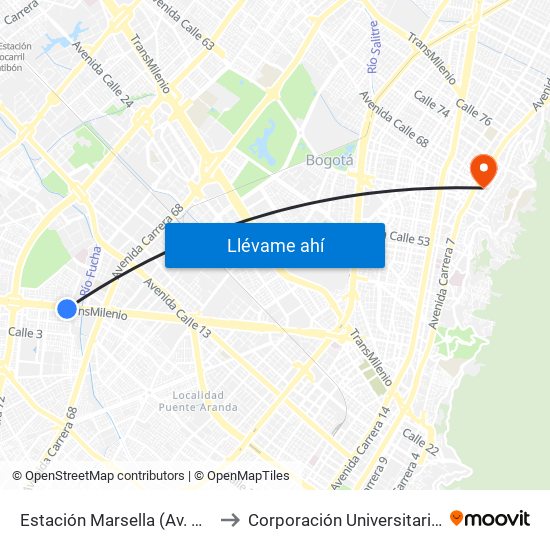 Estación Marsella (Av. Américas - Kr 69b) to Corporación Universitaria Iberoamericana map