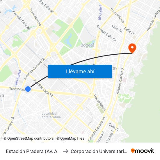 Estación Pradera (Av. Américas - Kr 65) to Corporación Universitaria Iberoamericana map