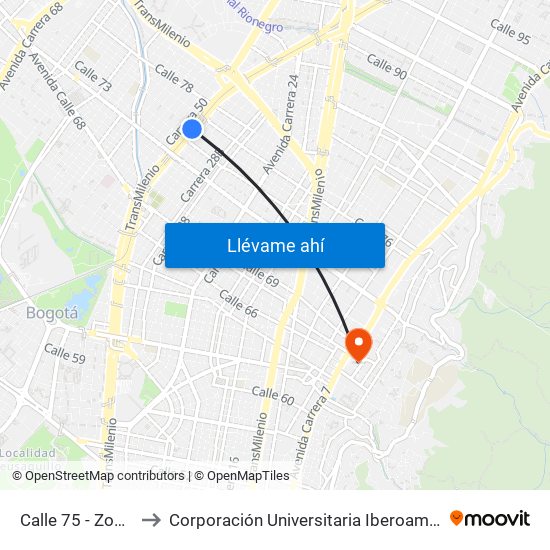 Calle 75 - Zona M to Corporación Universitaria Iberoamericana map