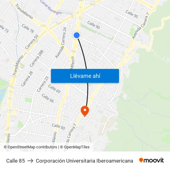 Calle 85 to Corporación Universitaria Iberoamericana map