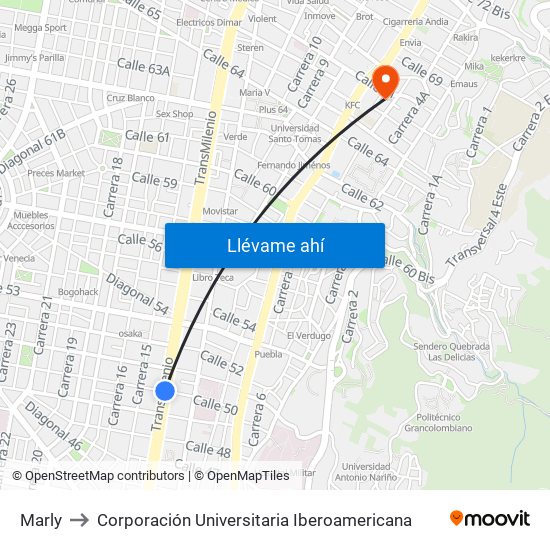 Marly to Corporación Universitaria Iberoamericana map