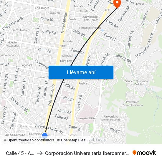 Calle 45 - Asw to Corporación Universitaria Iberoamericana map