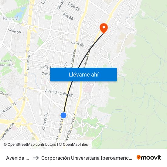 Avenida 39 to Corporación Universitaria Iberoamericana map