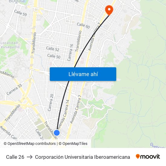 Calle 26 to Corporación Universitaria Iberoamericana map