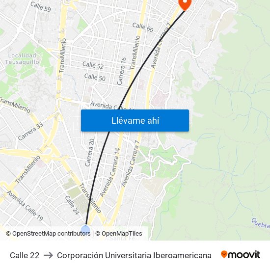 Calle 22 to Corporación Universitaria Iberoamericana map