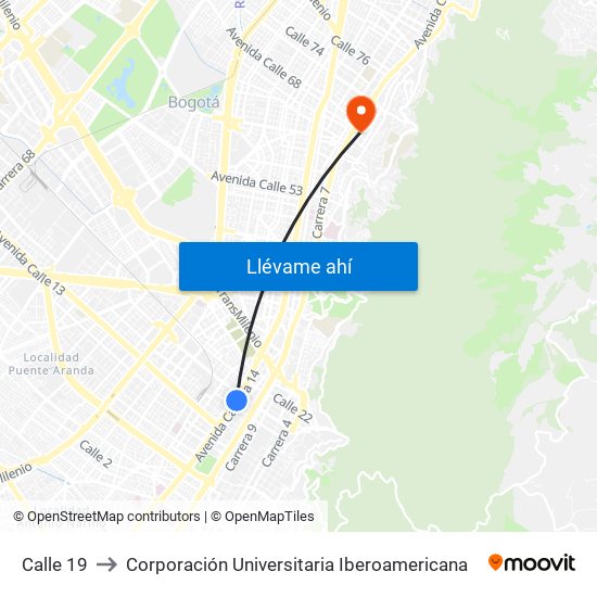 Calle 19 to Corporación Universitaria Iberoamericana map