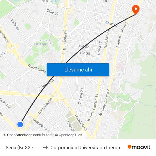 Sena (Kr 32 - Cl 15) to Corporación Universitaria Iberoamericana map