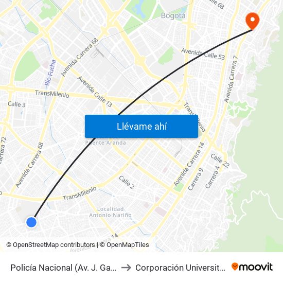 Policía Nacional (Av. J. Gaitán C. - Cl 47a Sur) (A) to Corporación Universitaria Iberoamericana map