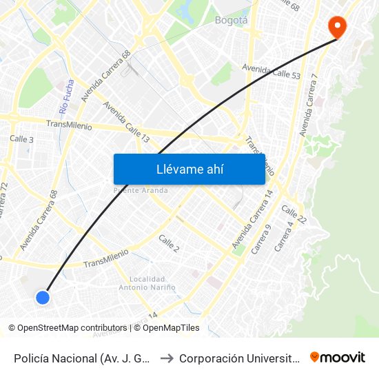 Policía Nacional (Av. J. Gaitán C. - Cl 47 Sur) (A) to Corporación Universitaria Iberoamericana map