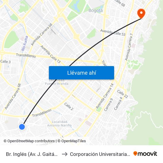 Br. Inglés (Av. J. Gaitán C. - Cl 41 Sur) to Corporación Universitaria Iberoamericana map