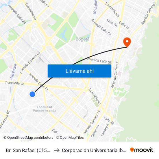 Br. San Rafael (Cl 5a - Kr 53c) to Corporación Universitaria Iberoamericana map