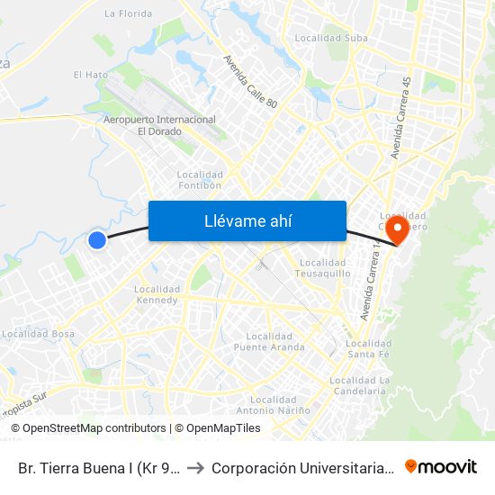 Br. Tierra Buena I (Kr 99a - Cl 26 Sur) to Corporación Universitaria Iberoamericana map