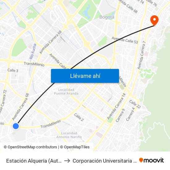 Estación Alquería (Auto Sur - Kr 51f) to Corporación Universitaria Iberoamericana map