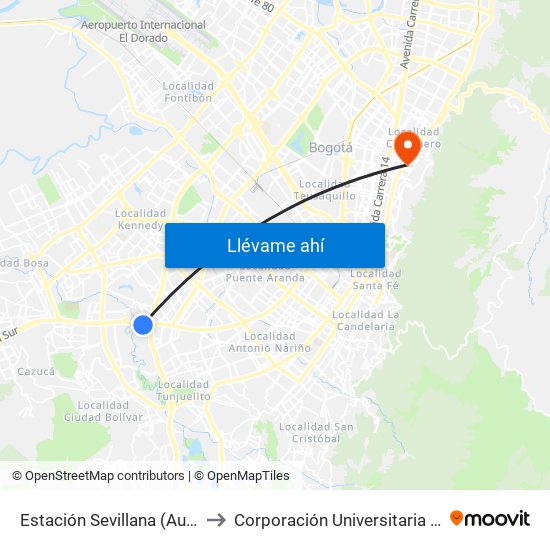 Estación Sevillana (Auto Sur - Kr 57) to Corporación Universitaria Iberoamericana map