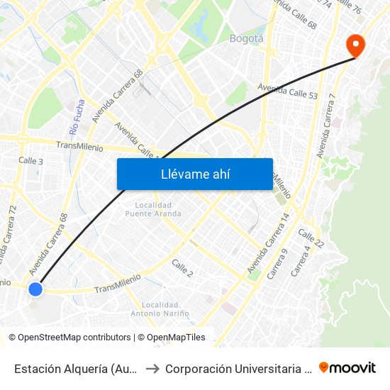 Estación Alquería (Auto Sur - Kr 51) to Corporación Universitaria Iberoamericana map