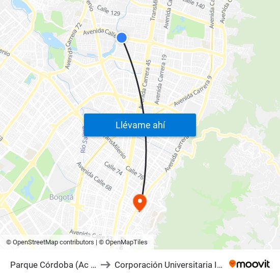 Parque Córdoba (Ac 127 - Kr 54) to Corporación Universitaria Iberoamericana map