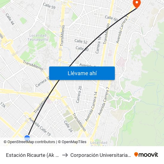 Estación Ricaurte (Ak 27 - Ac 13) (B) to Corporación Universitaria Iberoamericana map